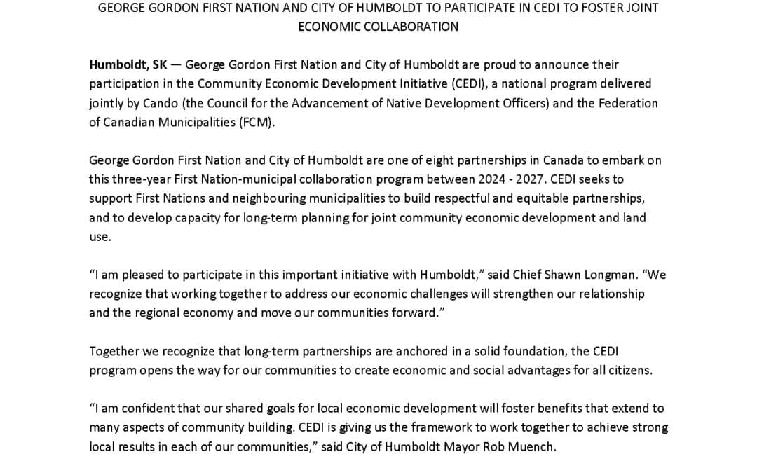 George Gordon First Nation and City of Humboldt to participate in CEDI to foster joint economic collaboration